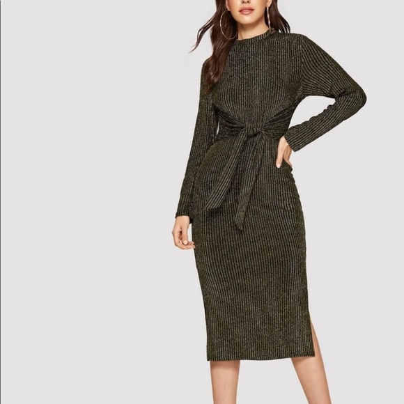 Tie Waist Side Slit Metallic Ribbed Sweater Dress - Picture 3 of 5